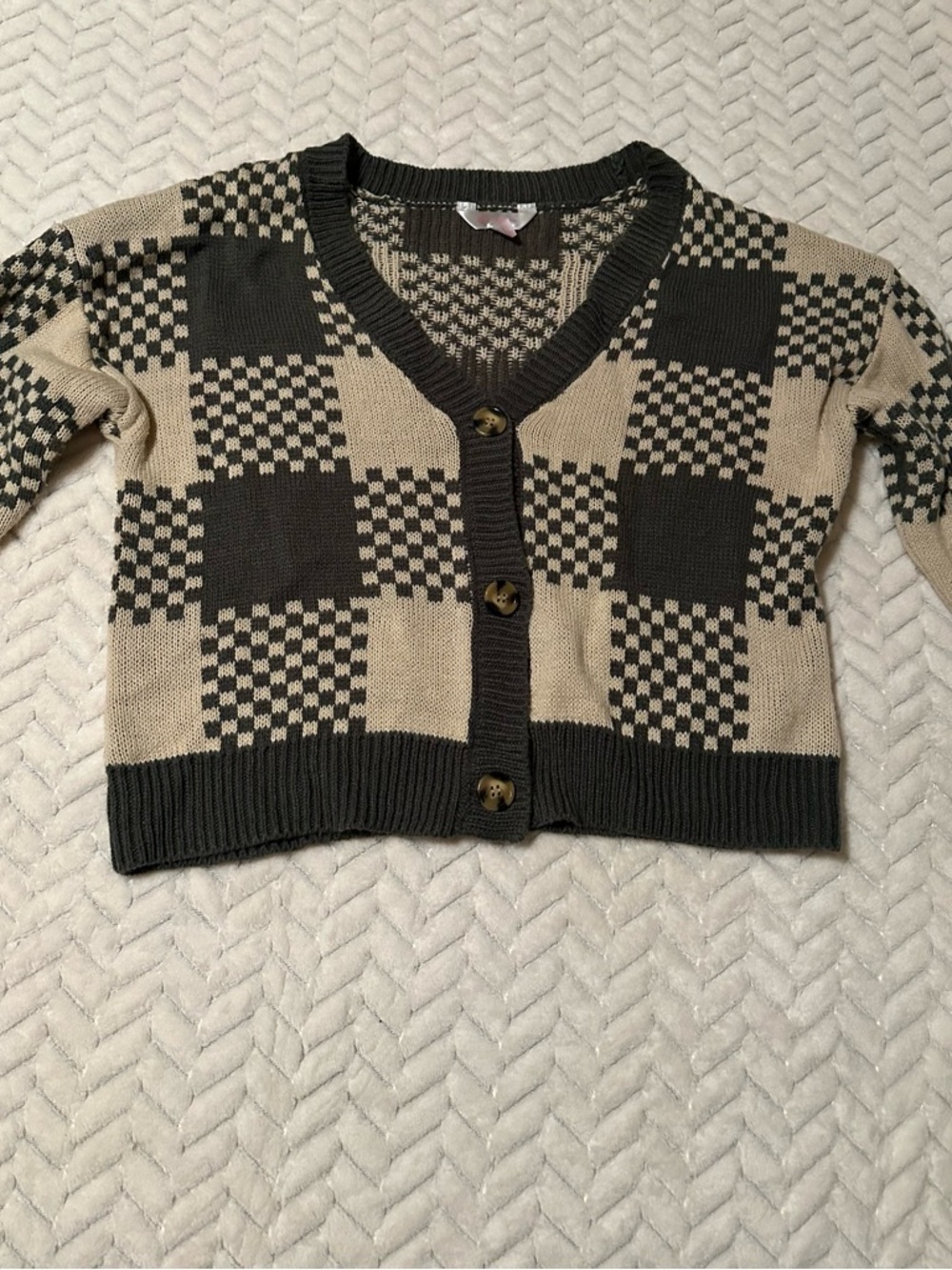 Beige and Green Checker Knit Cardigan Sweater Size Medium